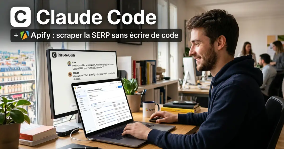 Setup Claude Code branché sur Apify : terminal lançant un actor de scraping SERP, illustration agents IA pour solo SEO