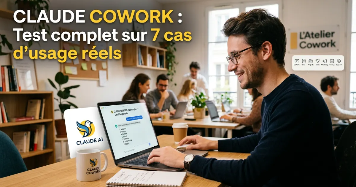 Test complet de Claude Cowork sur 7 cas d'usage réels : fichiers, LinkedIn, slides, factures, emails et YouTube
