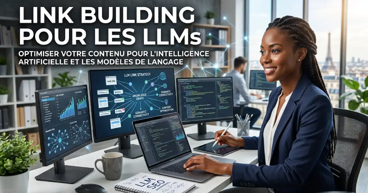 Schéma du link building pour LLMs : identification des sources citées par ChatGPT et Perplexity, prospection et inclusion