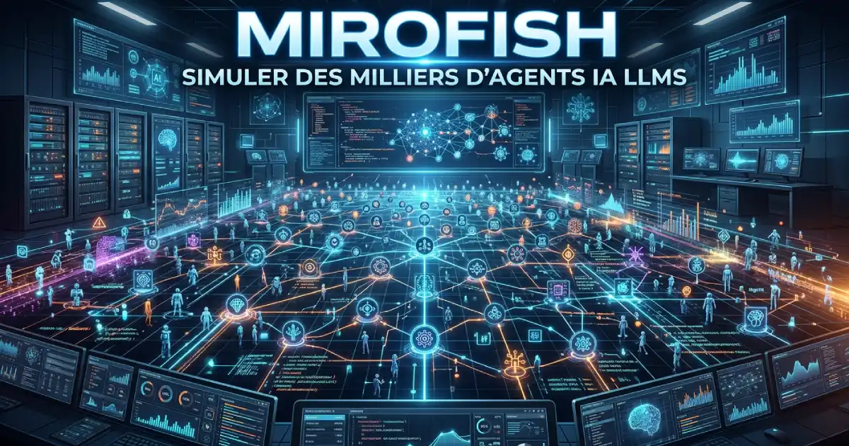 Schéma de Mirofish : centaines d'agents IA simulant la réaction du marché sur des réseaux sociaux virtuels